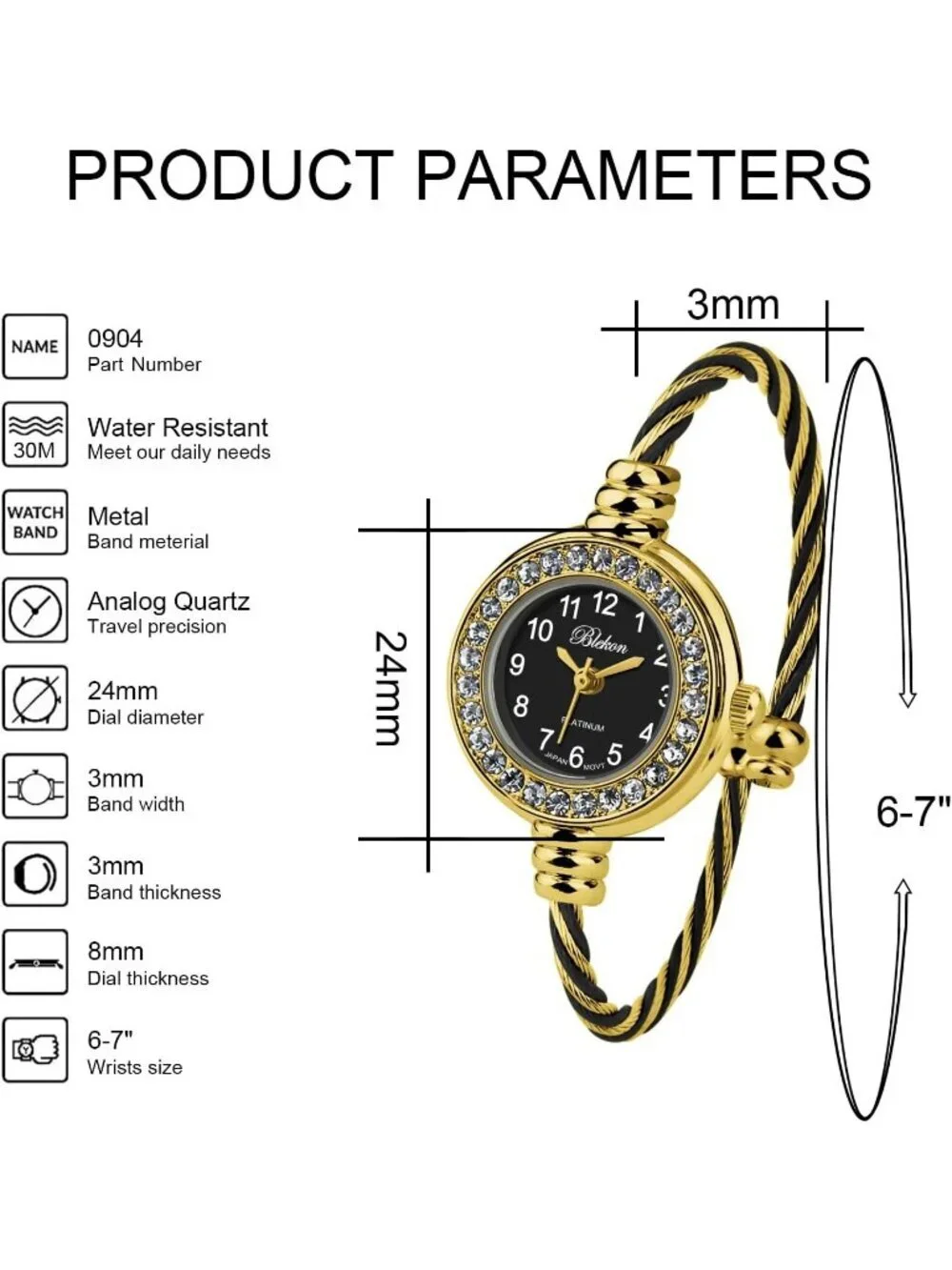 Womens Gold And Black Analog Cable Cuff Arabic Numbers Rhinestone Bracelet Watch